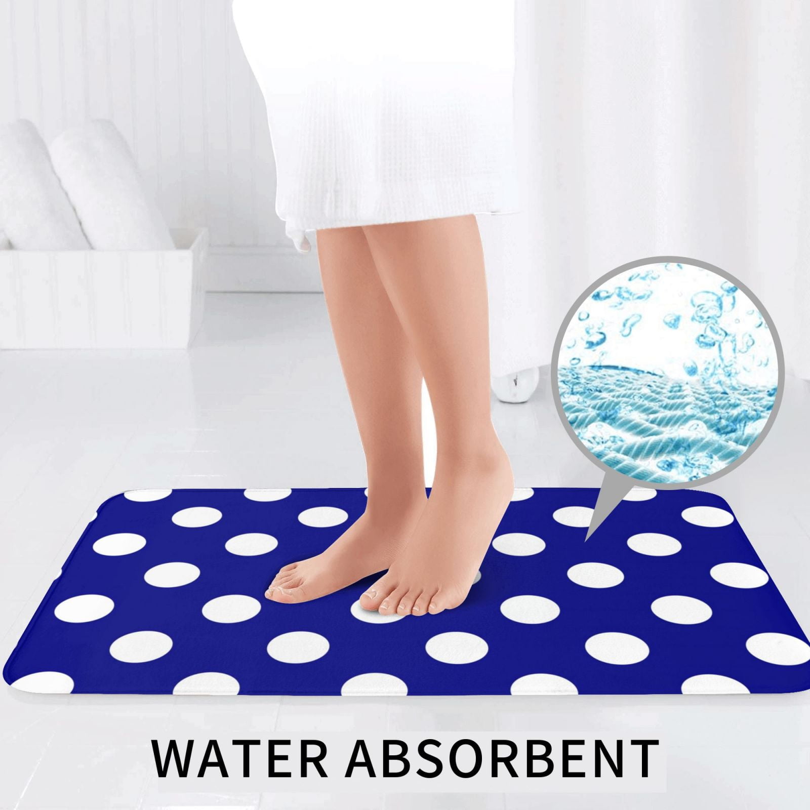 Bathroom Rugs Sets 3 Piece - Navy And White Polka Dot Absorbent Non Slip Bath Mats, U-Shape Toilet Lid Cover, Contour Mat, Soft Washable Shower Mats Bath Rug Mat for Bathroom Tub Toilet