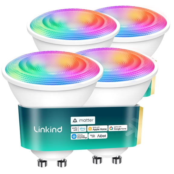 Linkind Matter Smart Light Bulbs, GU10 40W Color Changing LED Light Bulbs, Dimmable, Work with Alexa, Google Home, Apple Home, Music Sync, 4 Pack
