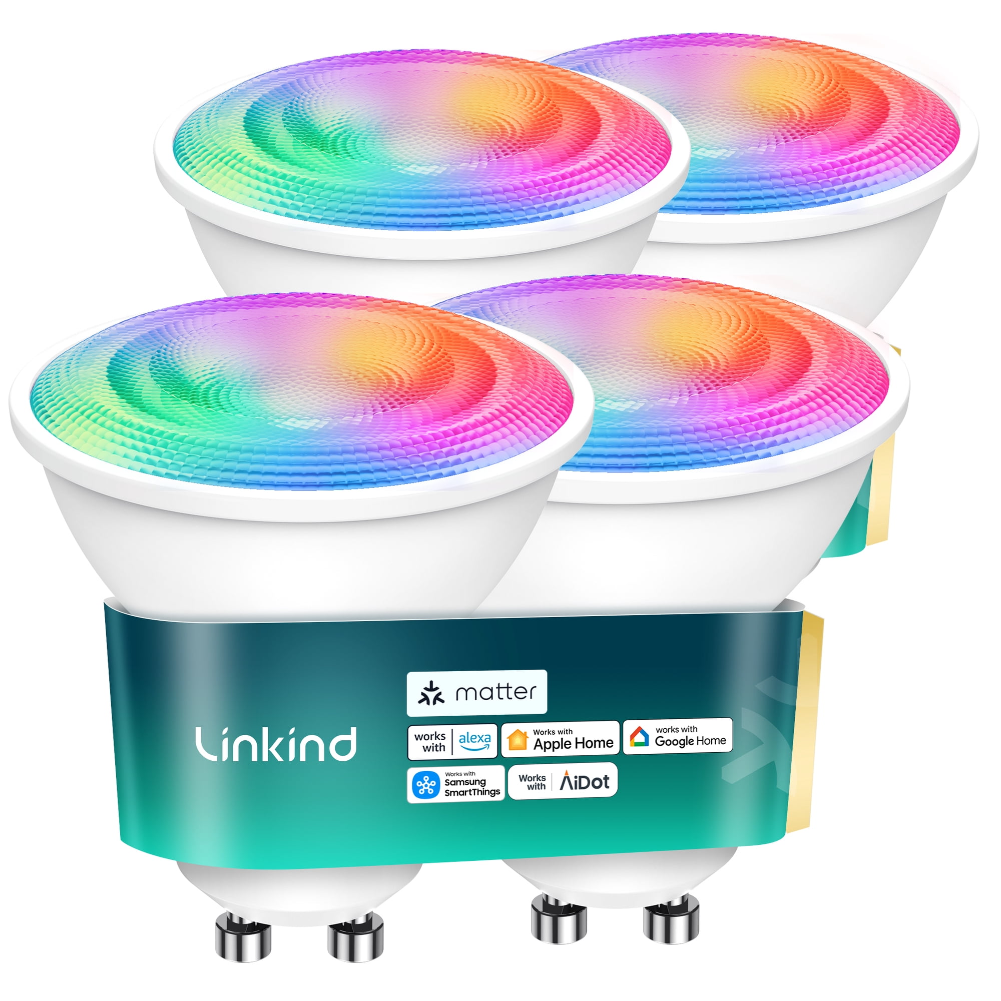 Linkind Matter Smart Light Bulbs, GU10 40W Color Changing LED Light Bulbs, Dimmable, Work with Alexa, Google Home, Apple Home, Music Sync, 4 Pack
