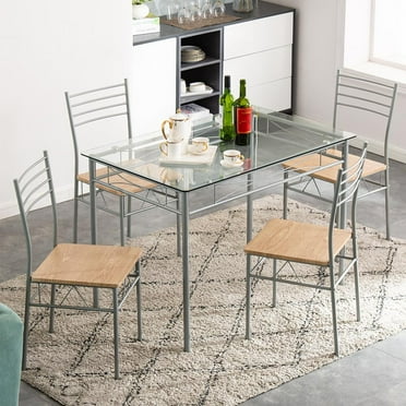 Ktaxon 5 Piece Dining Table Set Wood Metal Kitchen Breakfast Furniture with 4 Chair, Silver