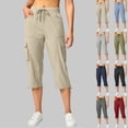 thumbnail image 2 of SBYOJLPB Capris Pants for Women Solid Color Pentagonal Pants with Elastic Waist Casual Work Clothes Belt Pockets Cropped Trousers, 2 of 7