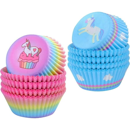 200 Pcs Unicorn Cupcake Liners for Unicorn Party Cup Cake Baking Cups Unicorn Cupcake Case Rainbow Cup Cake Liners for Decorations Girl Kids Birthday Supplies (Gradient Color and Blue)