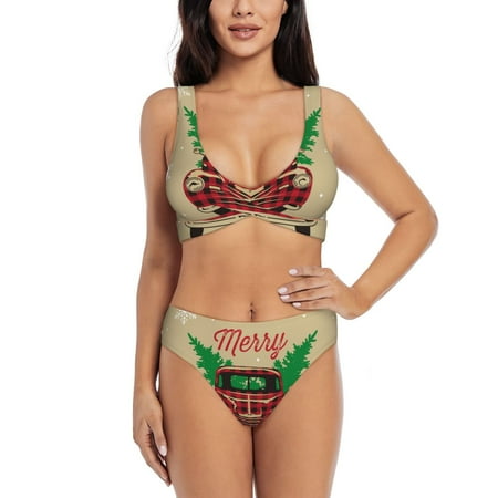 Zeuib Christmas Vintage Red Truck High Waisted Tummy Control Bikini Set - Knot Front Push Up Top & Cheeky Thong Bottom  Two-Piece Swimsuit for Women-XX-Large
