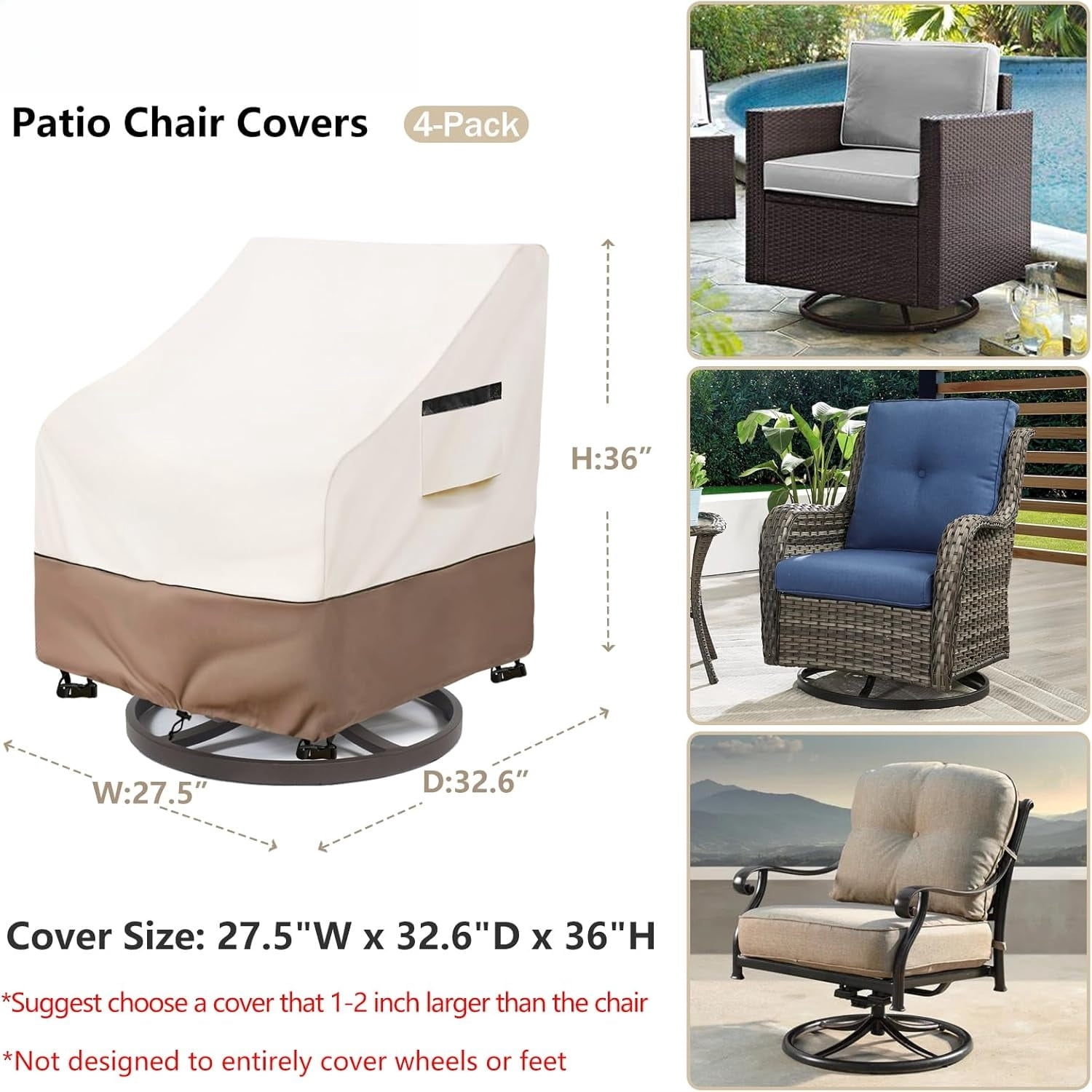 2-Pack Waterproof Swivel Patio Chair Covers - 33"Wx35"Dx36"H, Beige Patio Furniture Covers