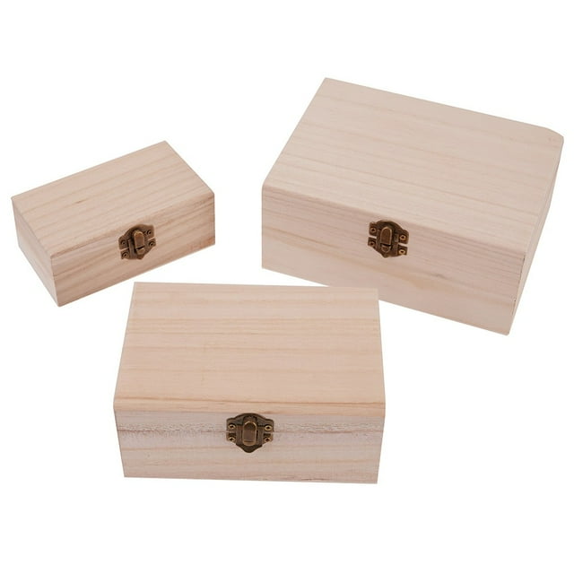 Luckyn Plain Wood Wooden Square Hinged Storage Boxes,Keepsake Box with Lid,Craft Gift Box,S+M+L
