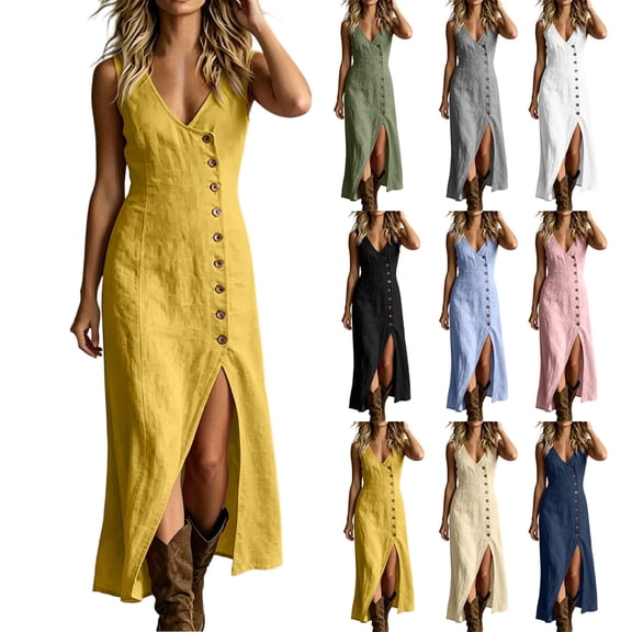 YuXingFu Womens Dresses with Pockets Plus Size Maxi V-Neck Plus Size Womens Dress Sleeveless for Vacation Long Casual Summer White S