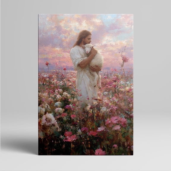 Jesus Holding a Lamb in a Flower-Filled Field Framed Wall Art Canvas Print