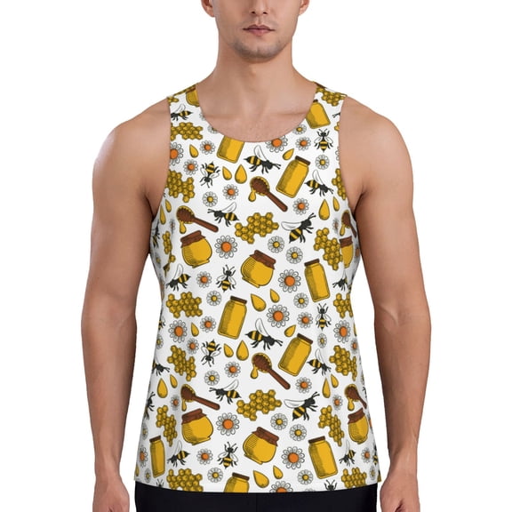 Gukieu Cute Bee Print Men's Quick Dry Fitness Vest, Round Neck Sleeveless Fitness Bodybuilding Top-Small
