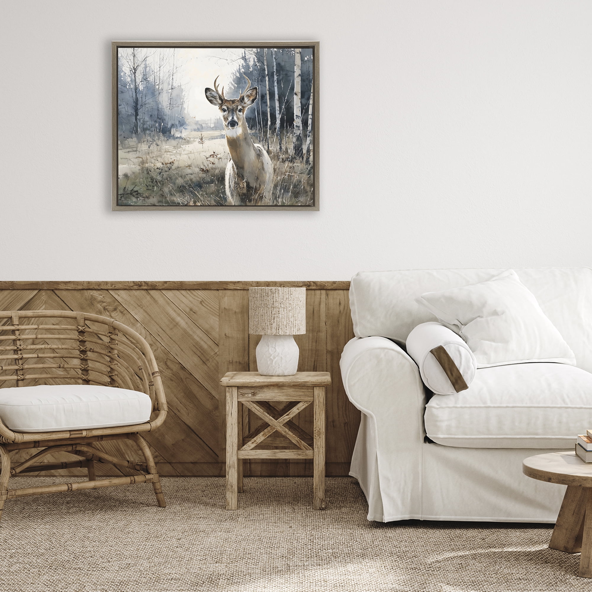 Stupell Industries Deer in Winter Wilderness Brown Framed Floater Canvas Wall Art, design by Franklyn Gregory