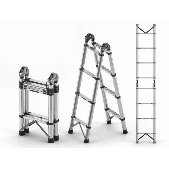 Generic Telescoping Multi-Position Ladder, 3-in-1 Stainless Steel Ladder, 330 lb Load Capacity, 18 in Wide Base, Adjustable Height 34–134 in