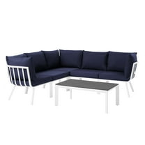 Lounge Sectional Sofa Chair Set, Aluminum, Metal, Steel, White Blue Navy, Modern Contemporary Urban Design, Outdoor Patio Balcony Cafe Bistro Garden Furniture Hotel Hospitality