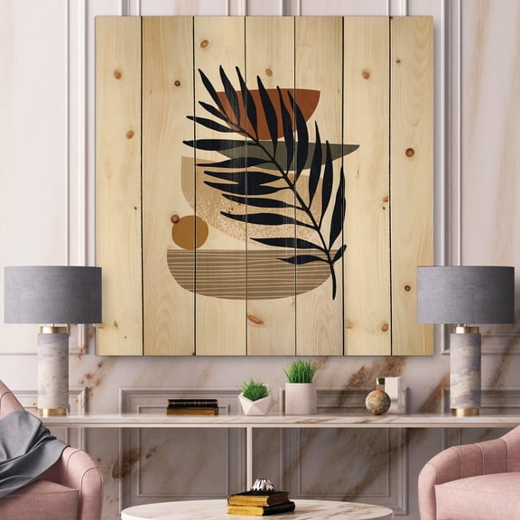 Designart 'Shapes and Tropical Leaf Silhouettes IV' Modern Print on Natural Pine Wood