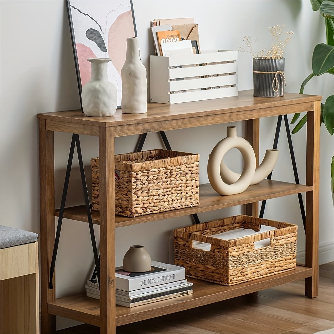 1pc Rectangular Storage Baskets, Water Hyacinth Seagrass Handmade Woven Basket, Shelf Baskets For Organizing, Storage Basket With Built-in Handles, Home Storage & Organization, Home Decor