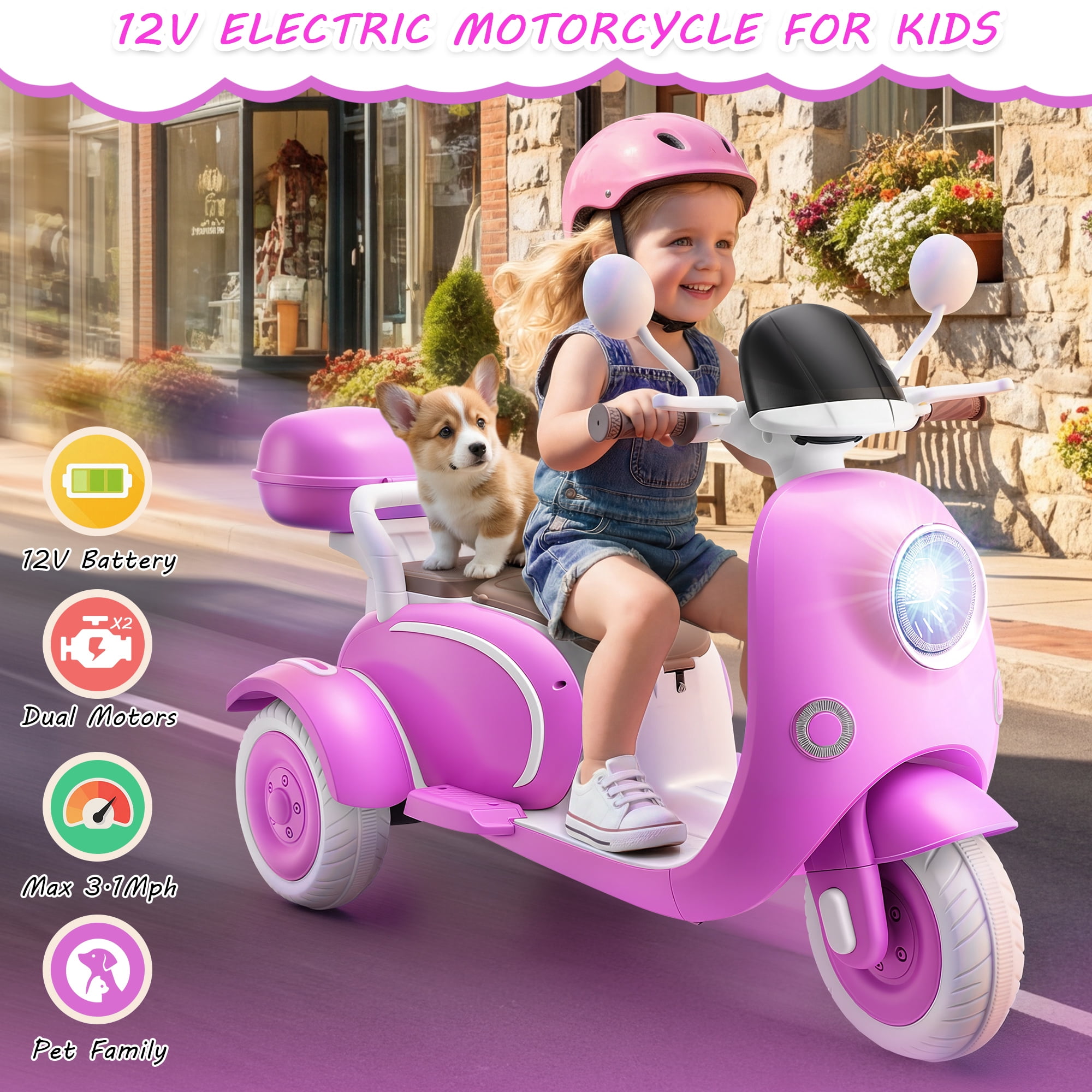 Farmdex 12V Kids Electric Motorcycle, 2 Seater Ride on Toys, 3 Wheel Ride on Motorcycle with Storage Box, USB, Music, LED Lights, Age 2+, Rose Red
