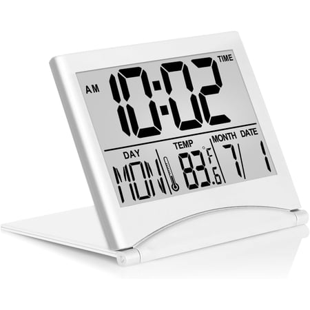 Digital Travel Alarm Clock - Foldable Calendar Temperature Timer LCD with Snooze Mode Large Number Display, Battery Operated Compact Desk Clock(Silver, No Backlight)