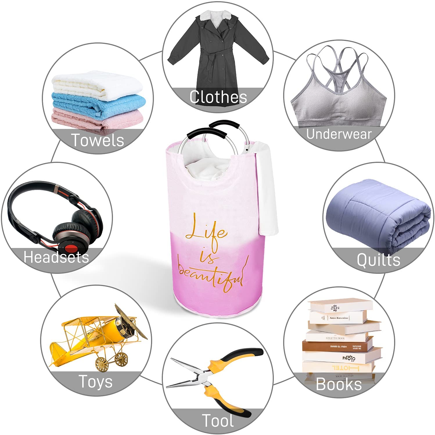 Roiroiko 130L Large Laundry Basket , Collapsible Laundry Bag, Foldable Laundry Hamper, Folding Washing Bin (life pink)