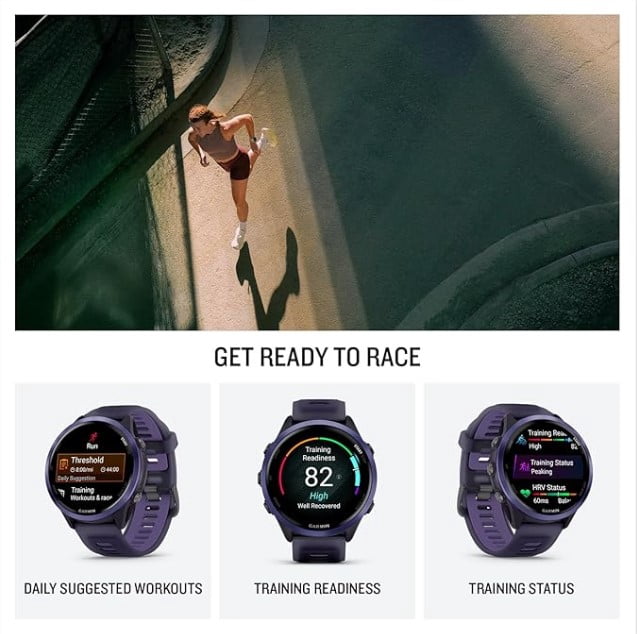 Garmin Forerunner 570 47mm Advanced GPS Running & Triathlon Smartwatch AMOLED Display Training & Recovery, Indigo Aluminum w/ Translucent Imperial Purple/Indigo Band w/ Wearable4U BLK EarBuds Bundle