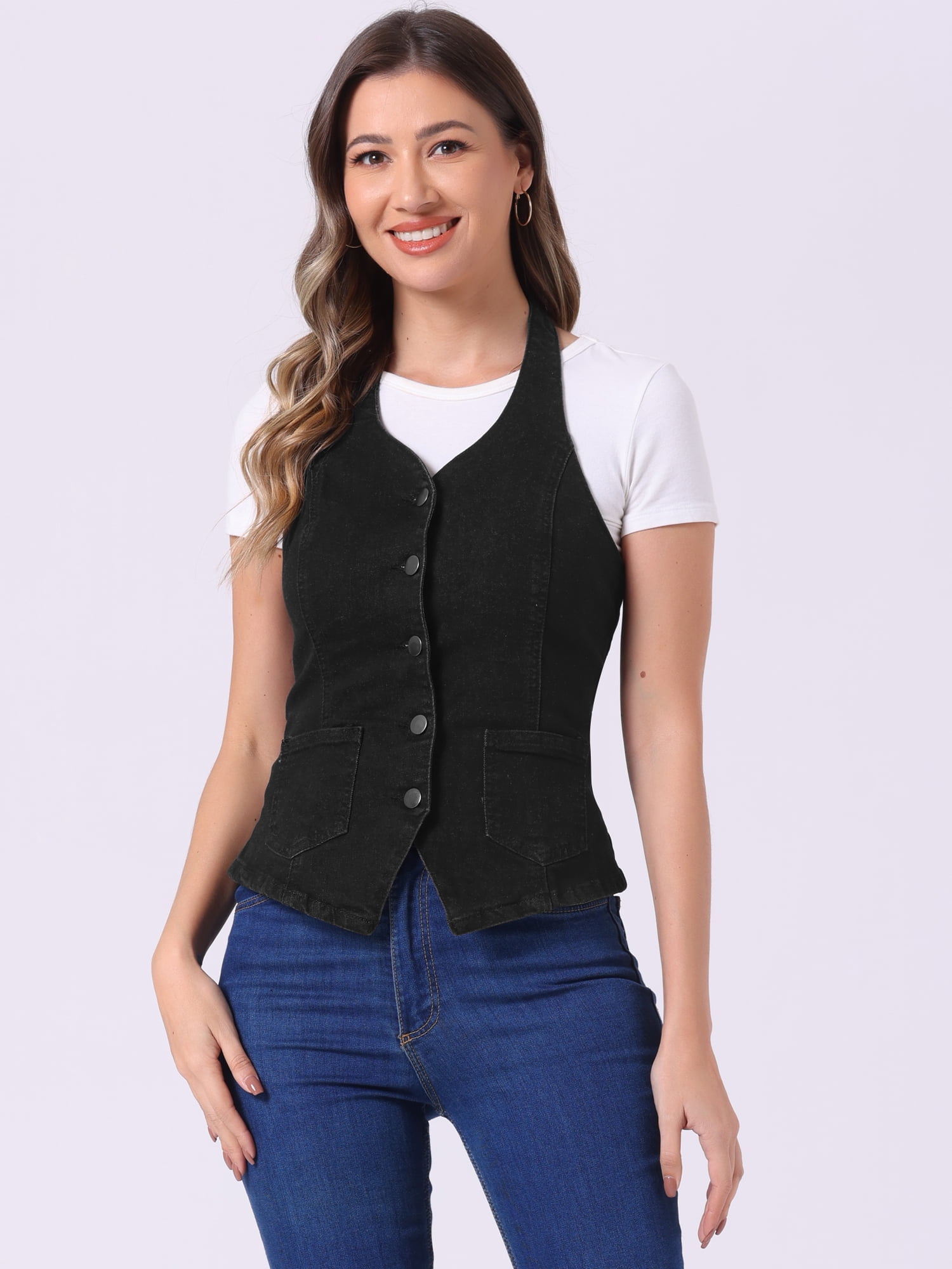 DARING DIVA Women's Halter Neck Button Down Backless Jean Waistcoat XL Black
