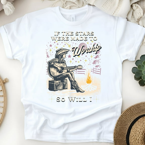 Christian T-Shirt – So Will I Worship Tee with Cowgirl Campfire Scene, White, Size S
