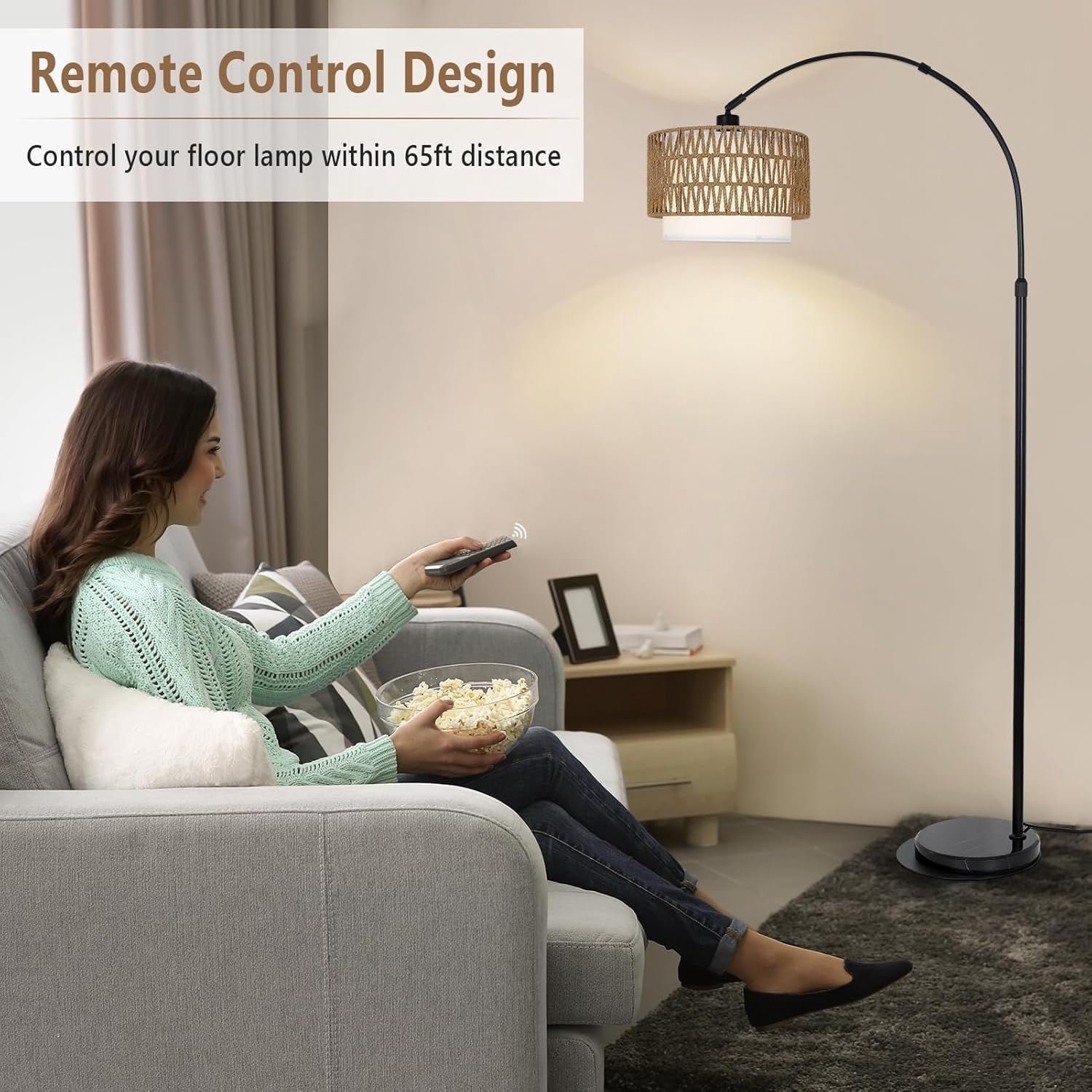 72" Arc Floor Lamp with Remote - Adjustable Height Led Standing Lamp with Rattan & Fabric Shade
