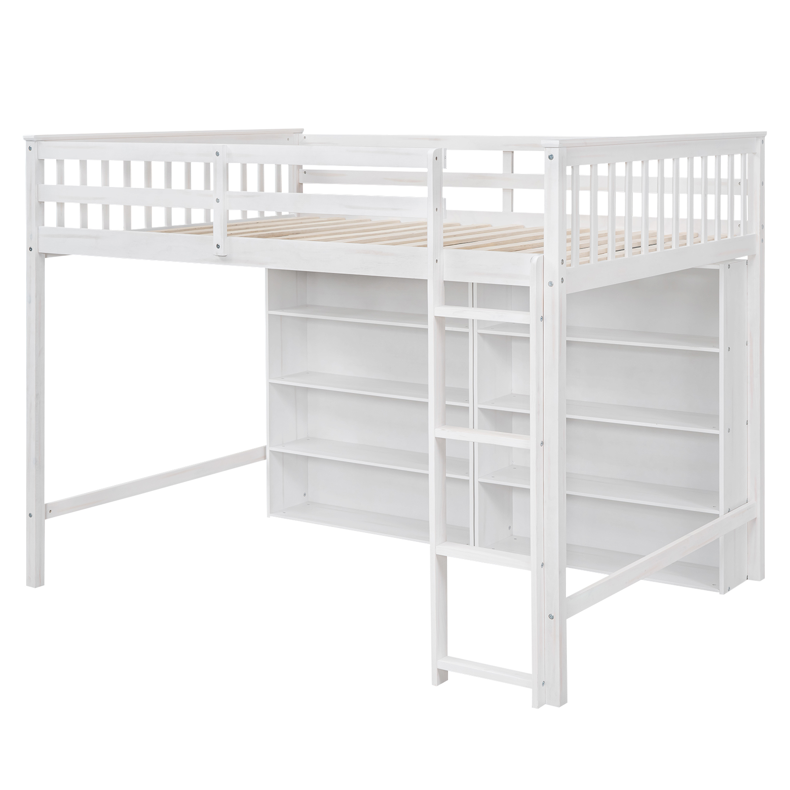 Euroco Wood Full Size Loft Bed with Shelf for Kids Bedroom, Functional Storage Shelf and Display Case, Open Bookcase for Kids Teens Adults, White