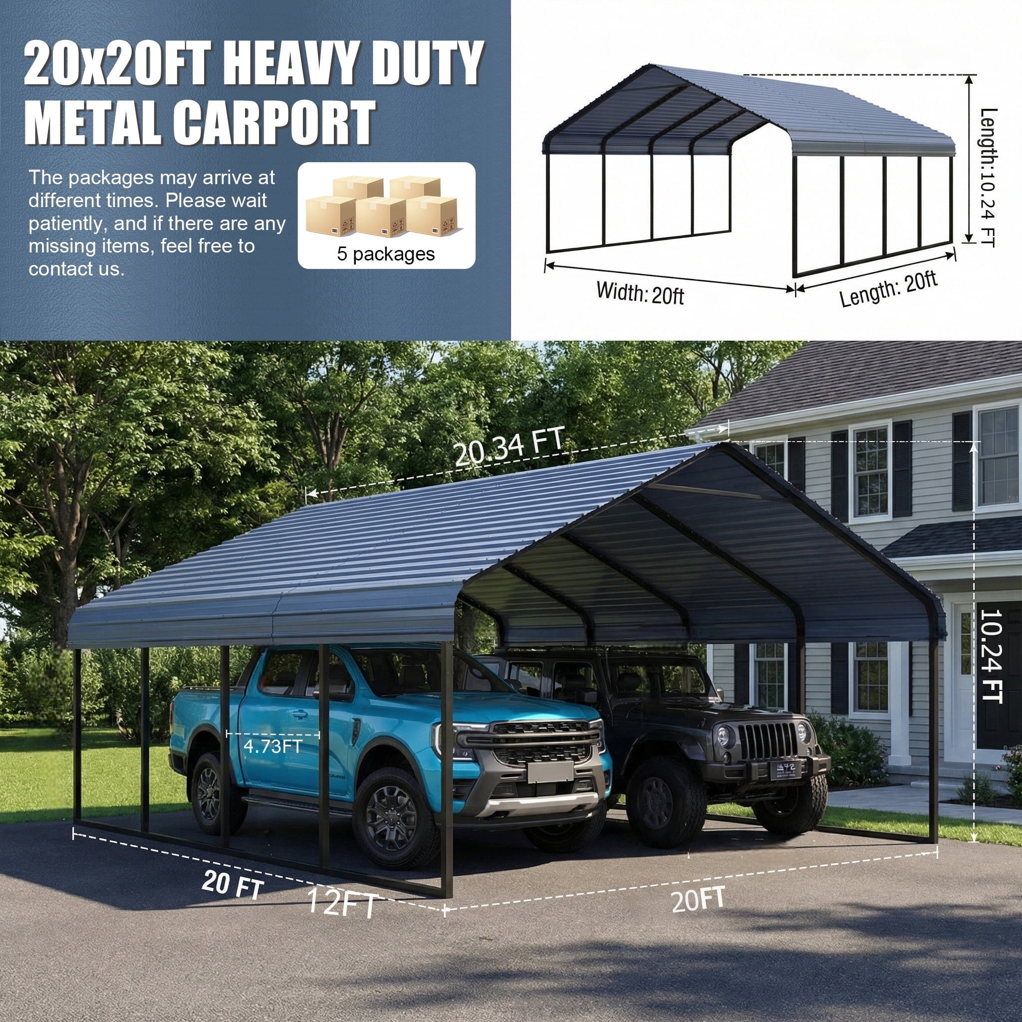 20x20 FT Heavy Duty Metal Carport - Galvanized Steel Frame & Roof, All-Weather & Snow Load Protection for Cars, SUVs, Trucks, RVs, Boats, UV Resistant, Rust-Resistant, Snow-Resistant Portable Shelter