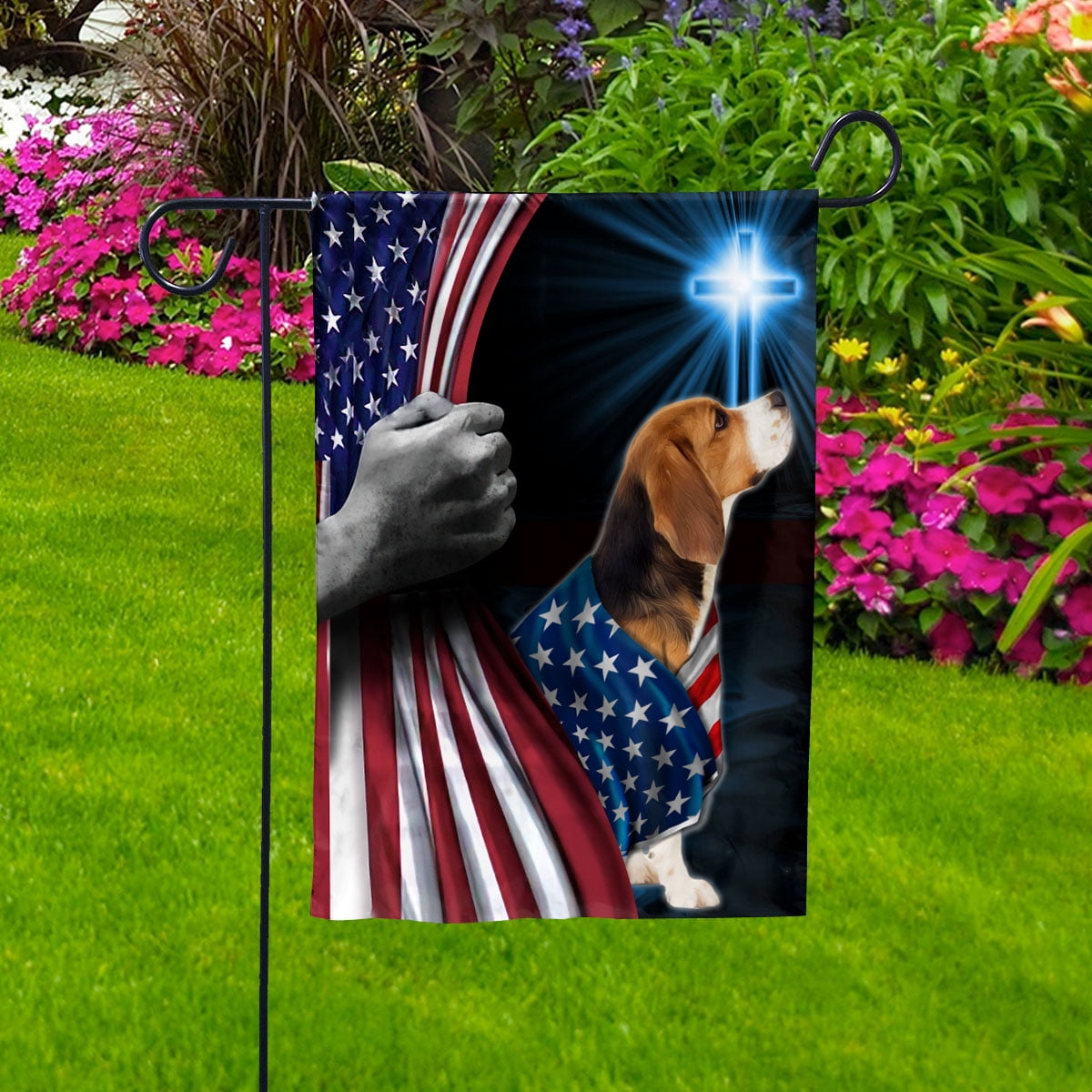 Hand Pulling USA Flag Beagle Dog Wearing Flag American Standing under Cross Christian Patriotic House Flag (3x5) Double Sided- Premium Polyester-Decorative Indoor Outdoor Flag