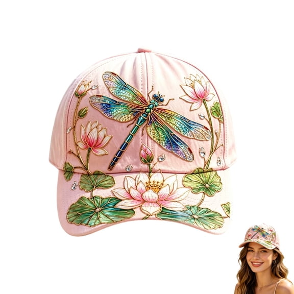 Embroidered Bee & Flower Baseball Cap, Women’s Adjustable Floral Animal Embroidery Sun Hat with Rhinestones
