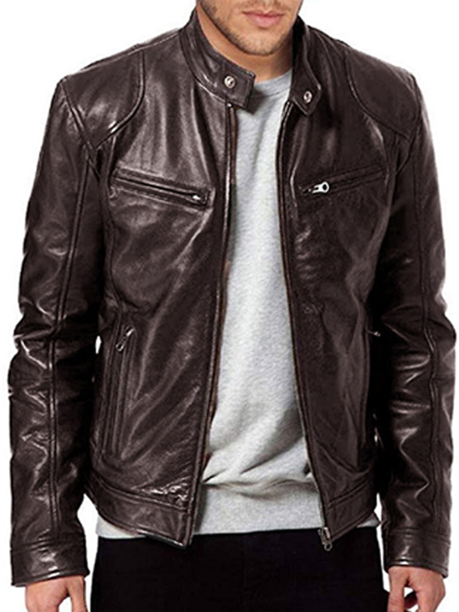 Men's Slim Fit Faux Leather Jacket Zipper Motorcycle Biker Lapel Collar Casual L 