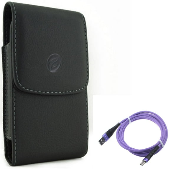 Case Belt Clip + 10ft USB Cable for Motorola One 5G Ace Phone - Leather Holster Cover Pouch and Purple Type-C Charger Cord Power Combo for Motorola One 5G Ace (2021)