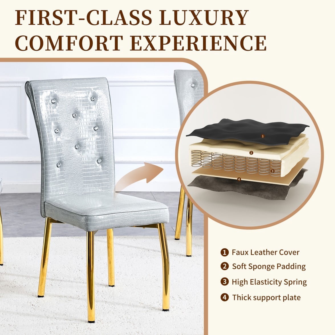 Set of 4 Vintage Dining Chairs, Gray Faux Alligator-Textured PVC Leather Upholstered Chairs with Crystal Button Details & Gold Metal Legs, 400 LBS, Gray & Gold