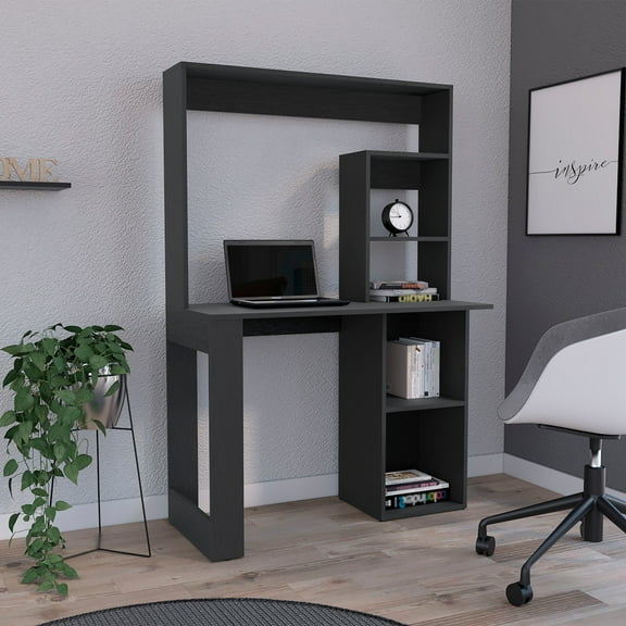 Ethel 38 Inch Black Writing Desk with Hutch and 5 Shelves