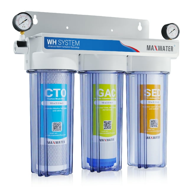 3-Stage Standard Whole House Water Filtration System, Sediment + GAC + CTO + 2 Dry Pressure Gauge