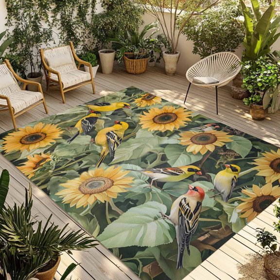 Fsddascl Sunflower Outdoor Rug for Patio/Deck/Porch, Non-Slip Large Area Rug 5 x 8 Ft, Yellow Summer Floral Birds Pastoral Indoor Outdoor Rugs Washable Area Rugs, Reversible Camping Rug Carpet