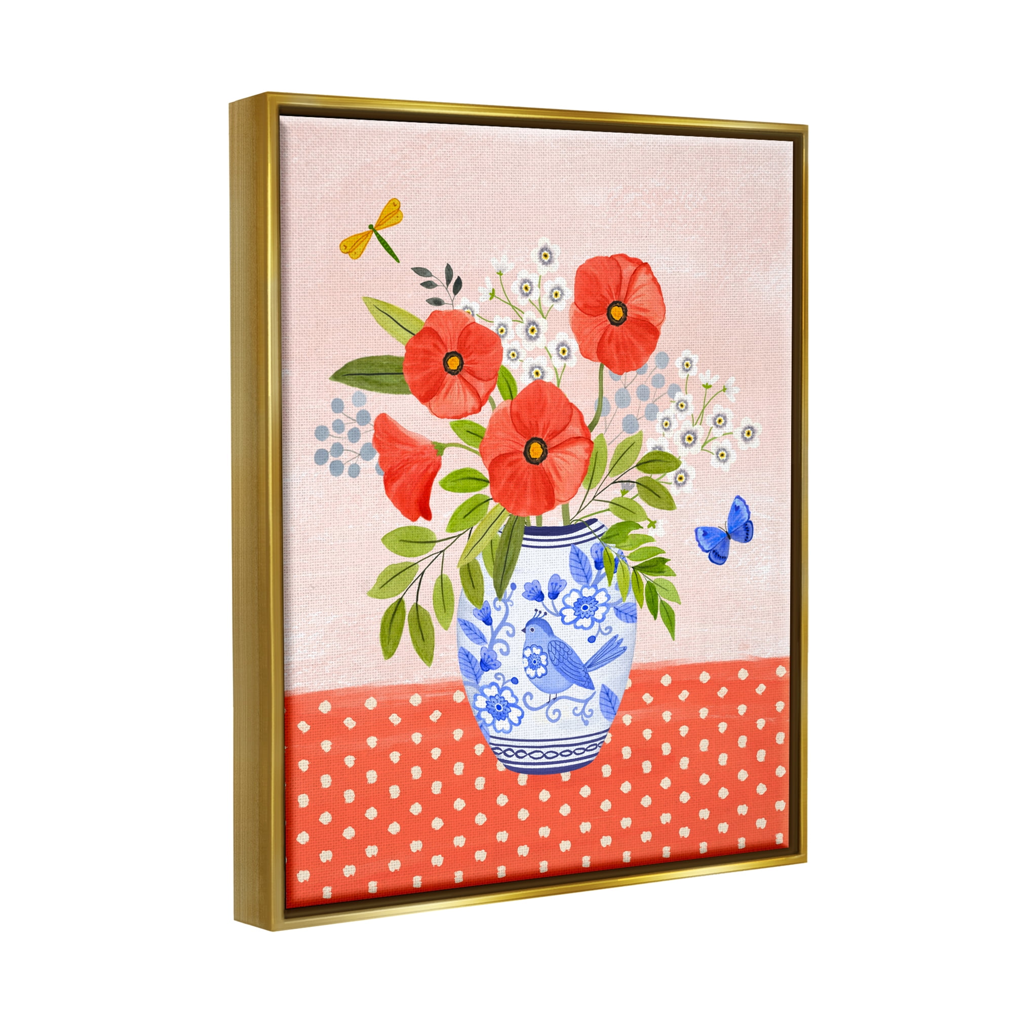 Stupell Industries Bright Bouquet on Polka Dots Botanical & Floral Painting Gold Floater Framed Canvas Art Print Wall Art, 25 x 31