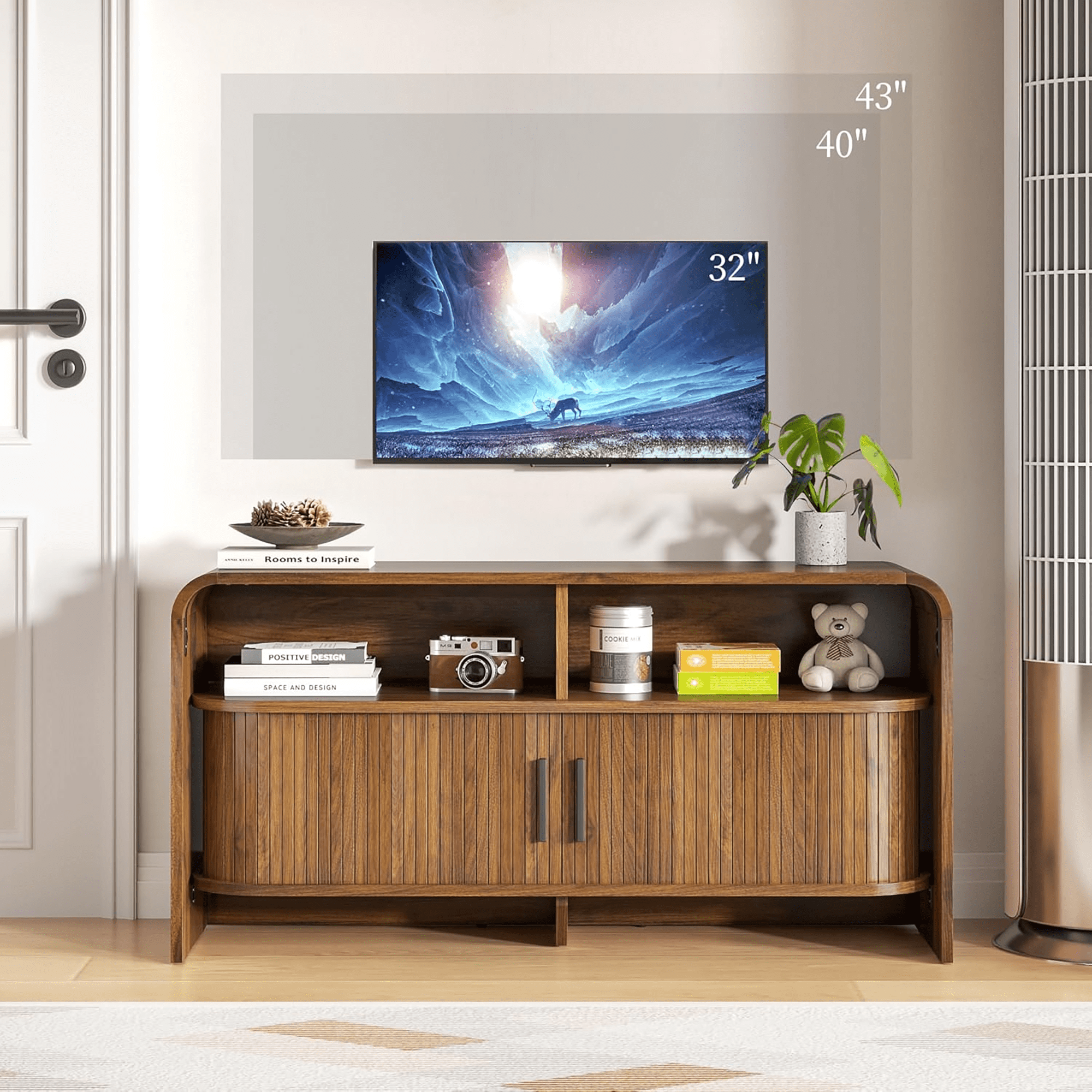 Mid Century Modern TV Stand for Bedroom, Small Fluted Entertainment Center for TVs up to 43 Inch, Media Console with Sliding Doors for Living Room, Walnut