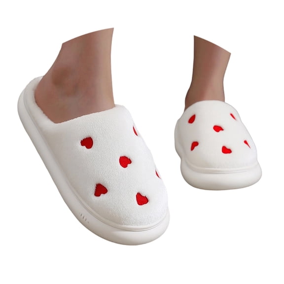 Wovix Women Cozy Valentine's Day Couple Slippers With Heart Design Indoor Outdoor Comfortable Flat Sole Soft Lightweight Shoes White 36-37