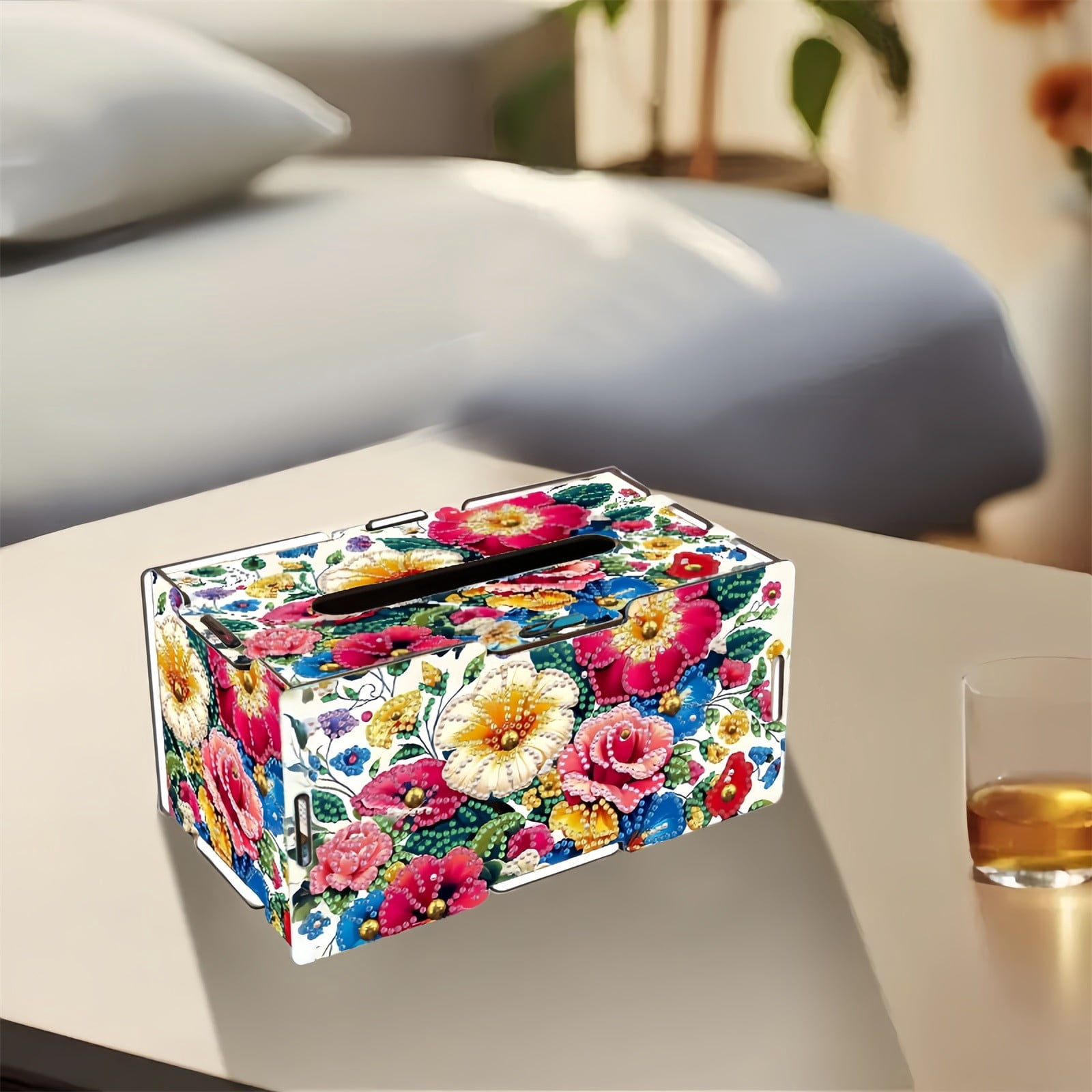 FLOPESN DIY Diamond Art Painting Wooden Assembly Paper Box, 8.86*5.31in, Creative Design Table Decor Rectangular Paper Towel Storage Box-2PCS Flowers-1