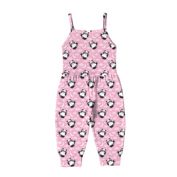 Toddler Baby Girls Jumpsuits Kids Cartoon Print Strap Romper Backless Harem Pants Bodysuit Outfits with Pockets 1-6 Years