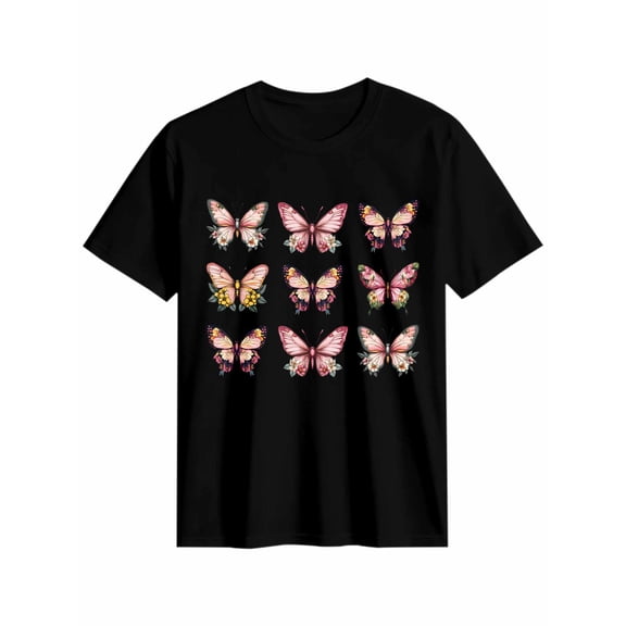 Women's T-Shirt Pink Butterfly Retro Flowers Cartoon Decor Short Sleeve Casual Tee Classic Crew Neck T Shirt for Women Black, 2XL