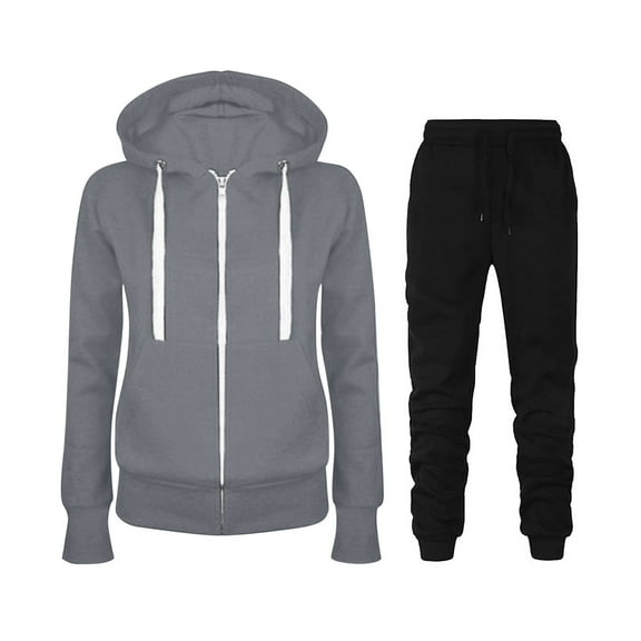 Jacenvly Hoodies for Women Solid Soft Warm Sweatshirt Set Hooded Pocket Zip Pullover Elastic Waisted Long Trousers Casual Fashion Two-Piece Set Dark Gray