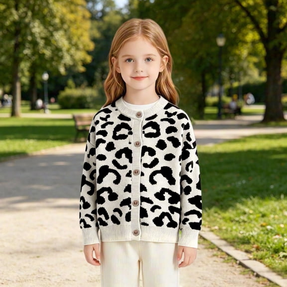 AUDeals Girls Leopard Print Knit Cardigan - Round Neck Button Down Long Sleeve Sweater Jacket for Kids Spring Fall Casual Wear