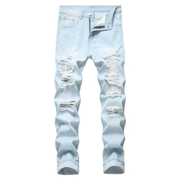 Ketyyh-chn99 Wide Leg Jeans 2024 Regular Loose Fit Pants Shorts 2023 Fashion Straight Tube New Men's Broken Knee Broken Pants Men's Jeans Blue,34