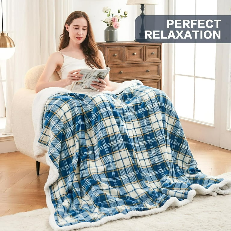 Sherpa Throw Blanket Reversible Navy Blue Plaid Checkered Boho