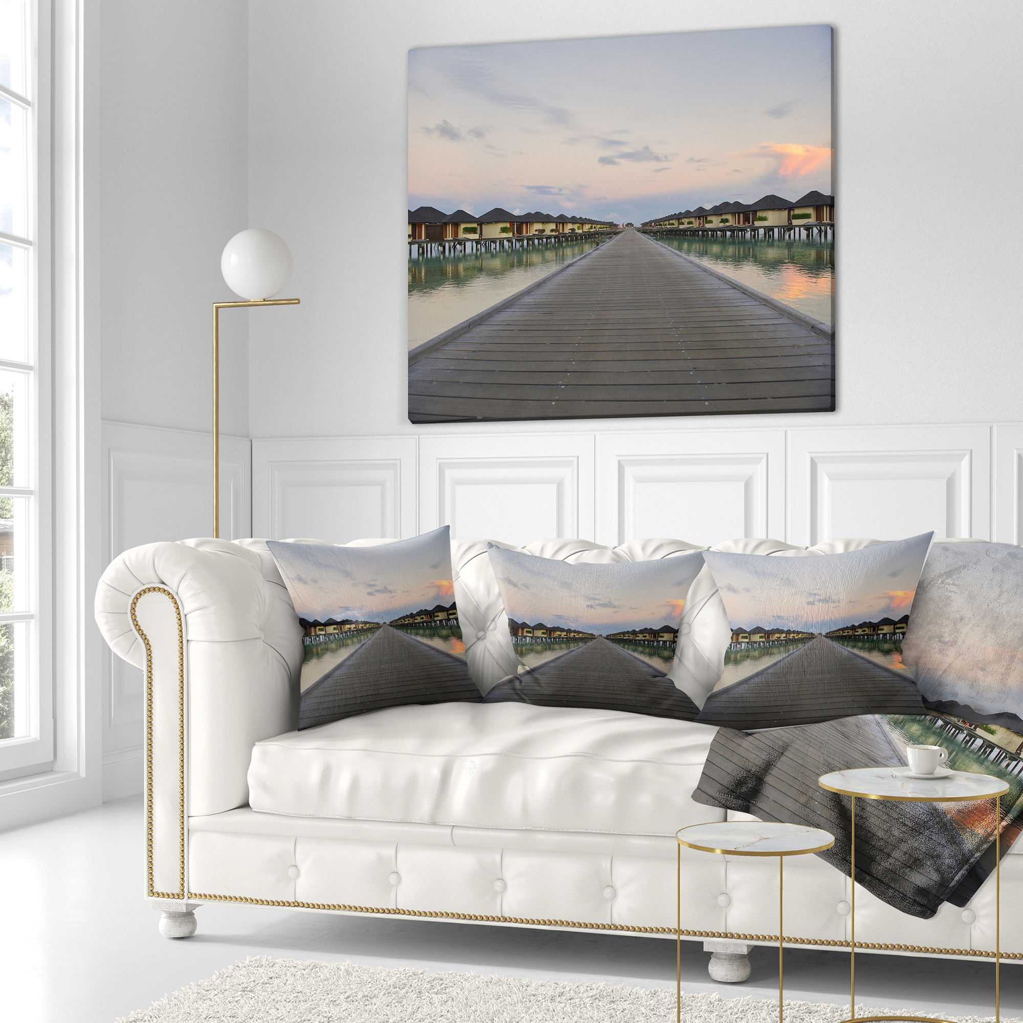 Designart Wooden Bridge to Water Home Villas - Wooden Sea Bridge Throw Pillow - 18x18