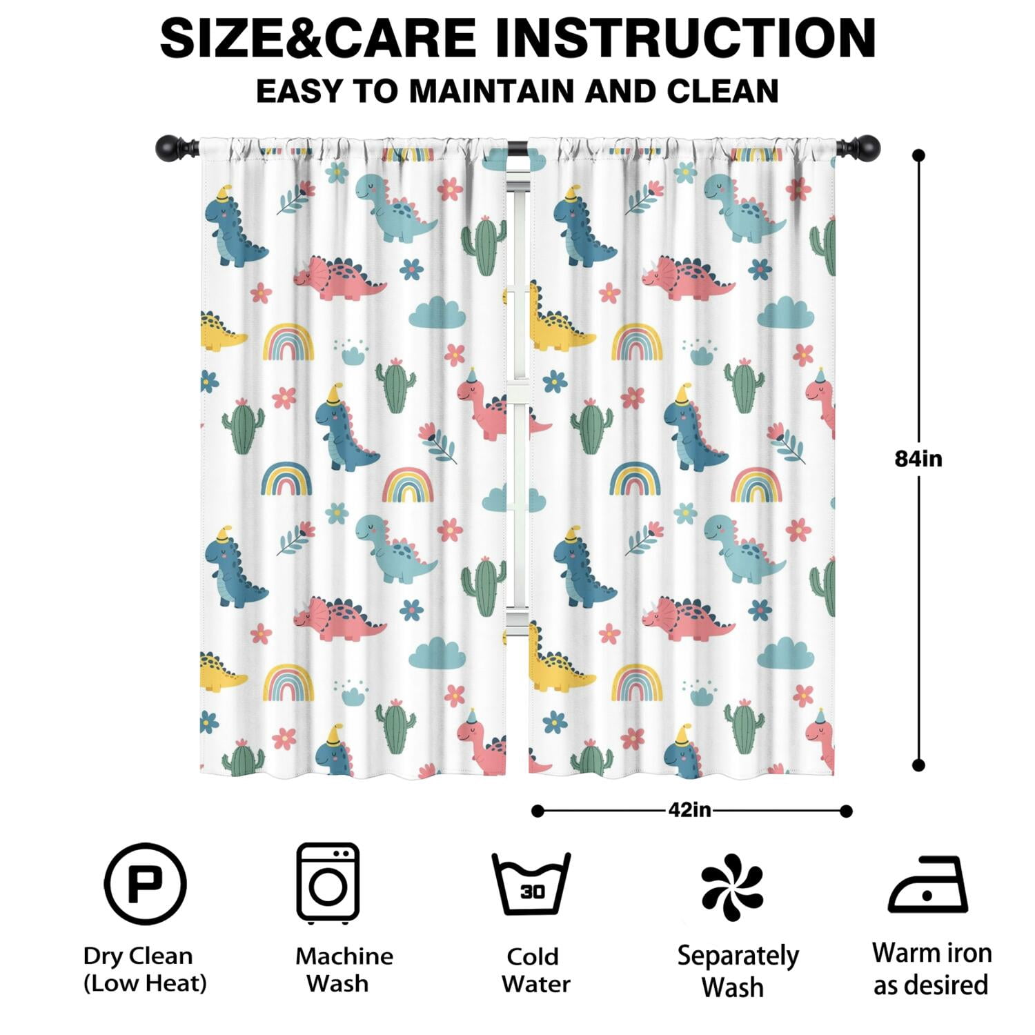 Blackout Kids Curtains,White Dinosaurs Rainbows Cacti Pattern Childrens Insulated Curtains Set Of 2,Bedroom Essentials,Toddler Room Decor 42"x84"