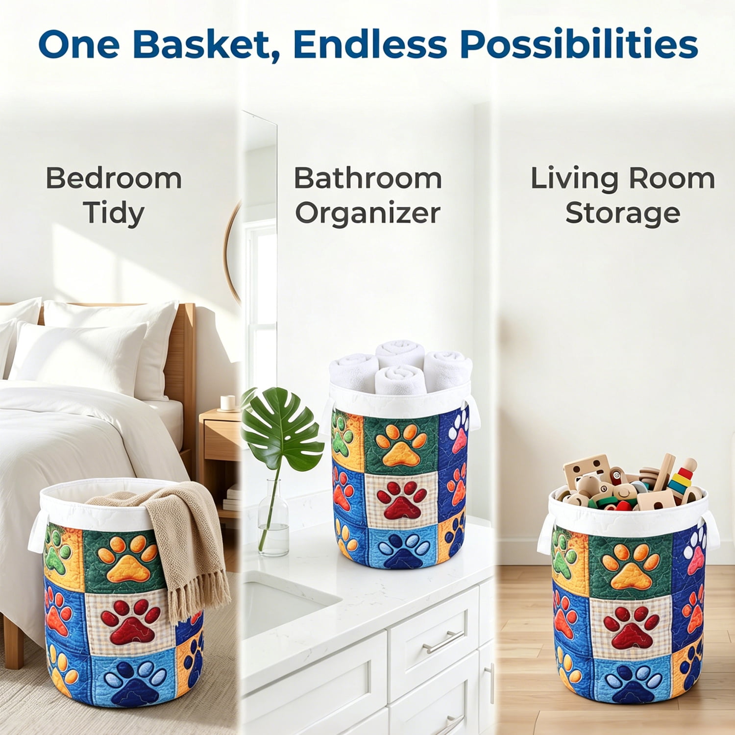 Yucurem Boho Fabric Floral Storage Hamper with Handle, Quilted Laundry Basket for Nursery Bedroom Laundry Room Clothes Toys (Big Dog Paw)