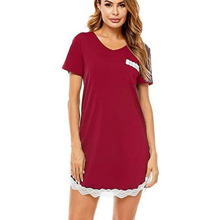 

Alishebuy Women s Nightgowns V Neck Short Sleeve Sleep Dress Sexy Lace Nightshirt