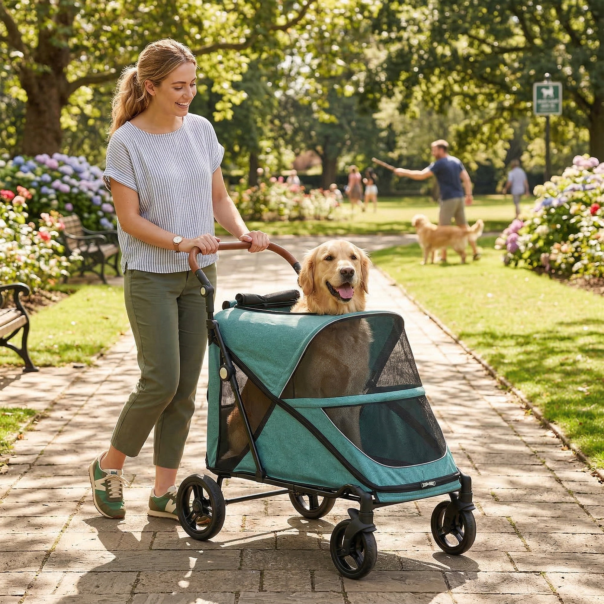 PawHut Dog Stroller for Large Dogs, One-Click Folding 4 Wheel Large Pet Stroller w/ 8-Position Adjustable Handle, All-Terrain Spring Suspension, Teal
