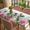 thumbnail image 3 of Spring Pink Roses Table Cloths for 3 Foot Rectangle Tables, Pastoral Eucalyptus Leaves Gray Wooden Patio Waterproof Elastic Fitted Tablecloths, Washable Rectangular Table Cover for Camping, 3 of 8